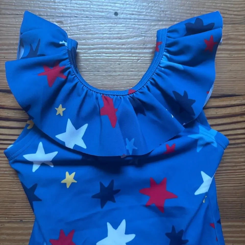 Hanna Andersson blue red star patriotic ruffle one piece swimsuit‎ SIZE 2T